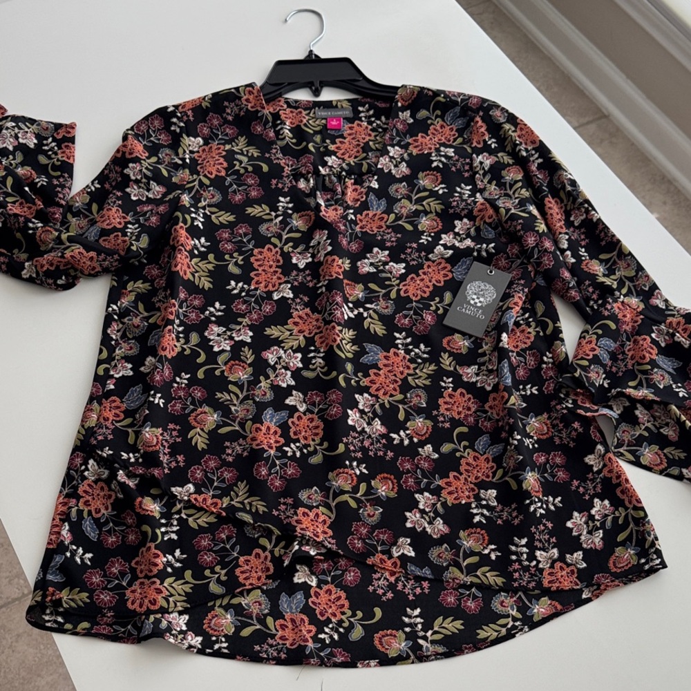 Vince Camuto Black Floral Button-Front Blouse with Coral and Cream Flowers